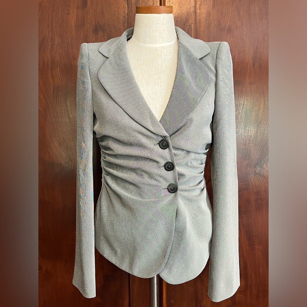 Beautiful Armani jacket with side rauching and asymmetrical buttons.